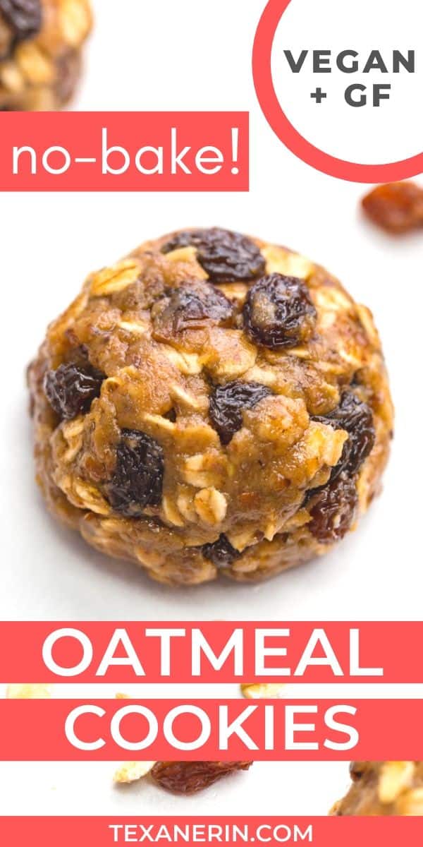 These easy no-bake oatmeal cookies are naturally vegan, gluten-free, dairy-free and 100% whole grain. Can be made as oatmeal raisin cookies or with chocolate chips.