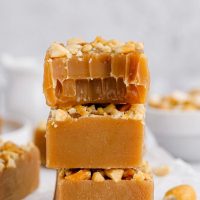 Vegan peanut butter fudge with a bite mark