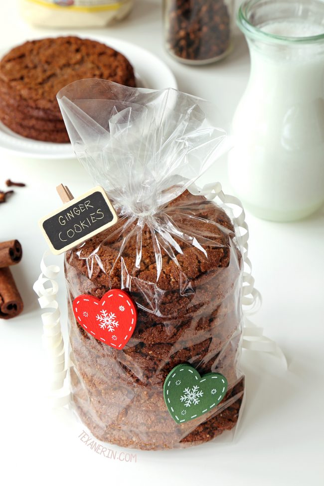 Paleo gingerbread cookies that have crisp edges and chewy centers! With a vegan option. Easy to make and no rolling out required.