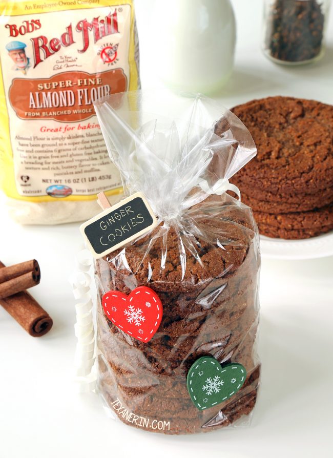 Paleo gingerbread cookies that have crisp edges and chewy centers! With a vegan option. Easy to make and no rolling out required.