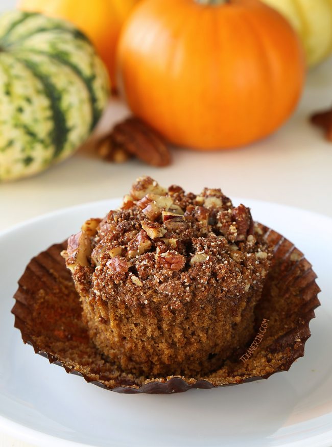 Easy Paleo Pumpkin Muffins with Streusel (grain-free, dairy-free, gluten-free). With a recipe video.