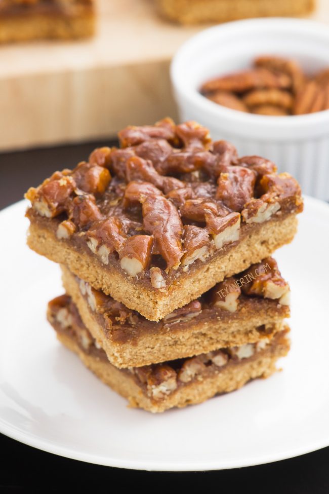 These pecan pie bars with a shortbread crust and a caramel pecan topping can be made with gluten-free, all-purpose or whole wheat flours and are made without corn syrup. 