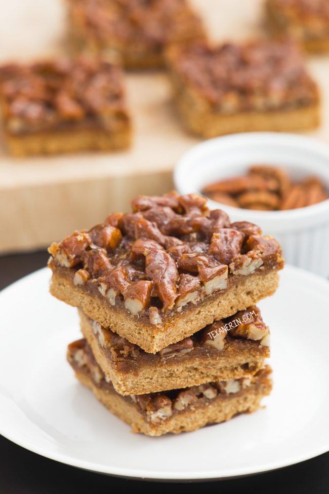 These delicious pecan pie bars with a shortbread crust and a caramel pecan topping can be made with gluten-free, all-purpose or whole wheat flours and are made without corn syrup. 