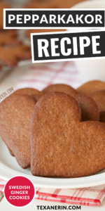 pin graphic showing traditional Swedish Pepparkakor cookies arranged on a white paper plate