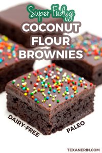 pin graphic showing coconut flour brownie squares on a white surface