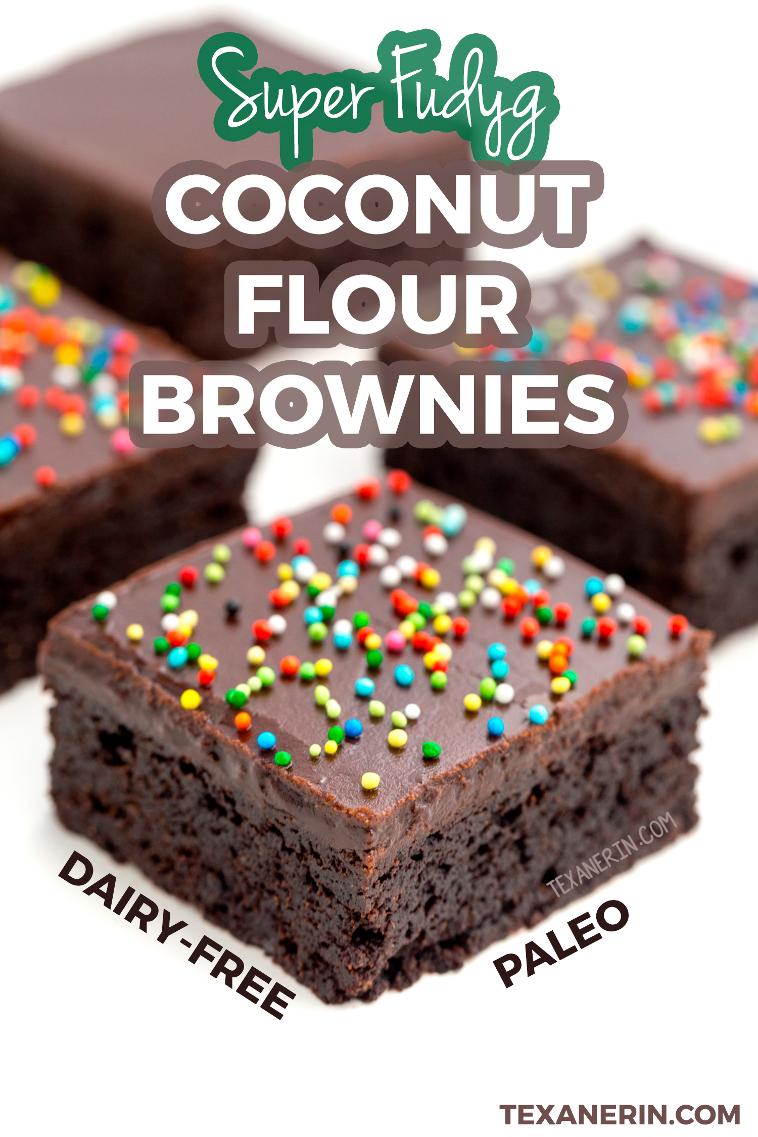 These coconut flour brownies are super fudgy and are also paleo, grain-free and dairy-free! Topped with chocolate fudge frosting.