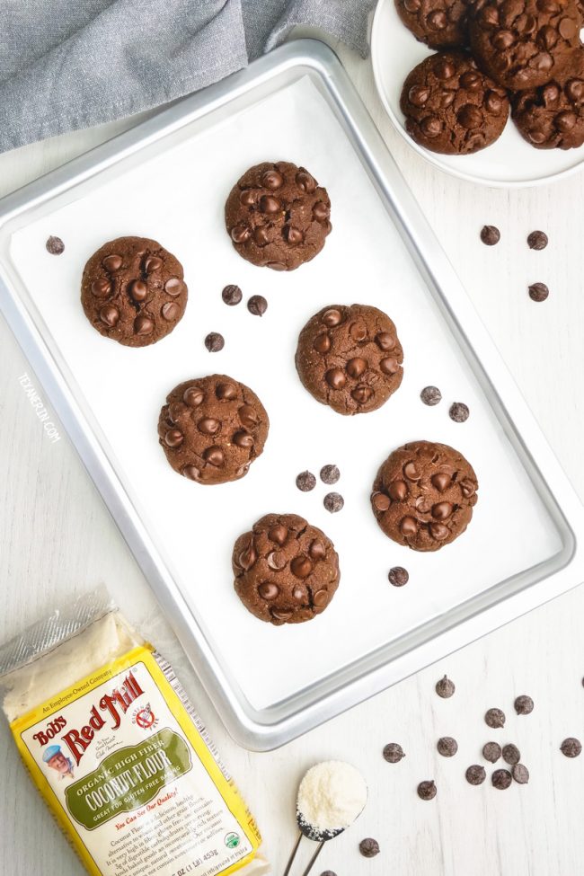 These delicious and easy chocolate coconut flour cookies have the perfect texture and taste just like regular double chocolate cookies! This recipe is paleo with vegan and keto options. With a how-to recipe video.