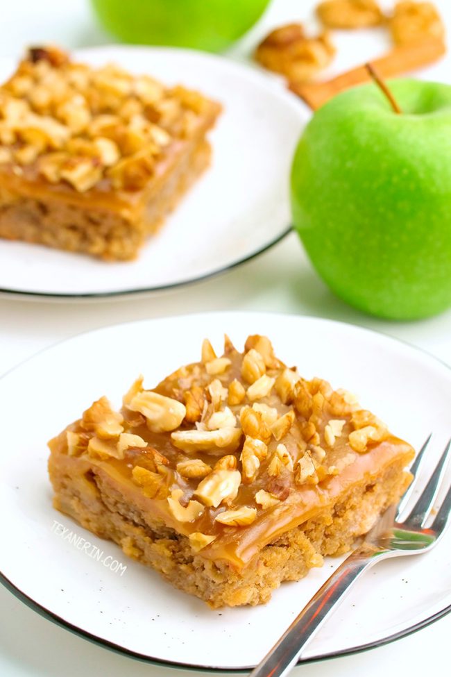 This paleo apple cake is super moist, flavorful and made with a blend of almond and coconut flours for the best texture. With caramel fudge frosting.