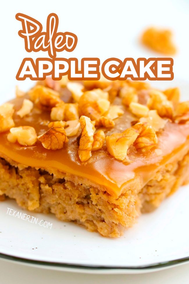 This amazing paleo apple cake is super moist, flavorful and made with a blend of almond and coconut flours for the best texture. With caramel fudge frosting.