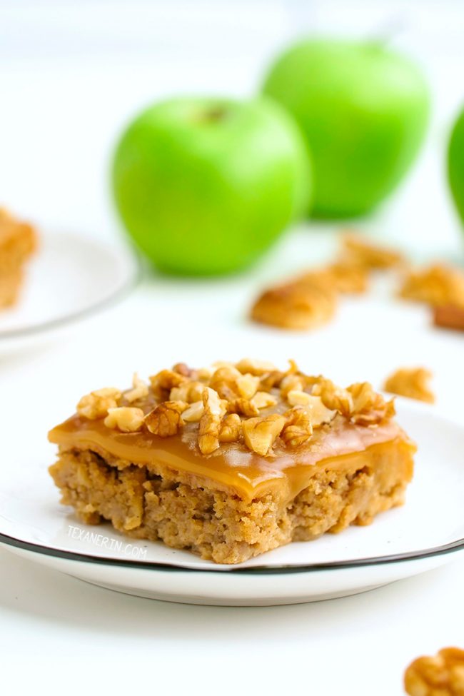 This amazing paleo apple cake is super moist, flavorful and made with a blend of almond and coconut flours for the best texture. With caramel fudge frosting.