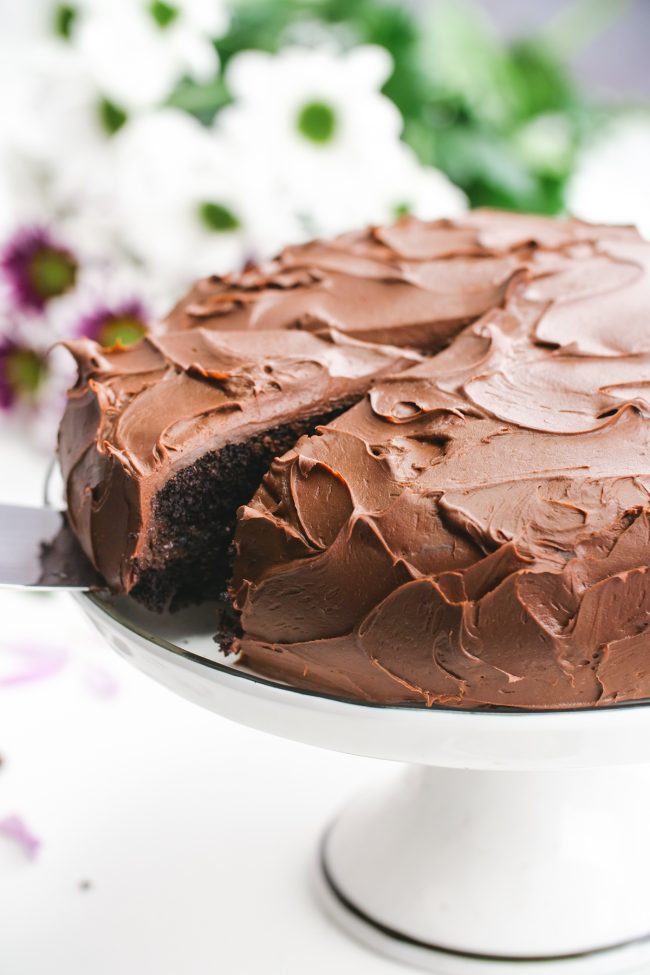 This delicious vegan chocolate cake is fudgy, super moist, chocolaty and is topped off with an easy whipped chocolate ganache frosting! Can be made gluten-free, whole wheat or with all-purpose flour. Tastes just like a regular chocolate cake!