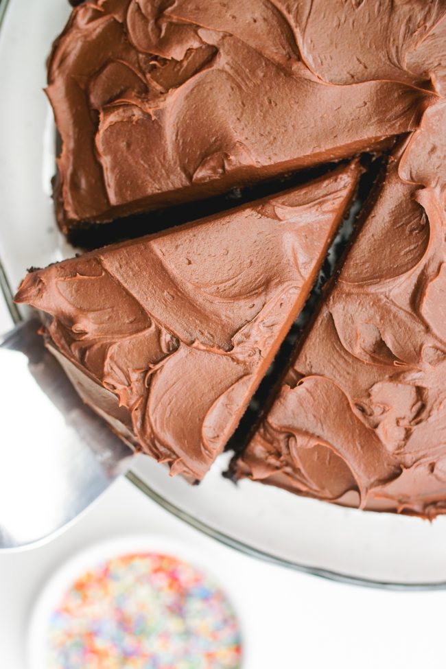 Super moist and delicious vegan chocolate cake that can be made with gluten-free, all-purpose or whole wheat flour. Tastes just like a regular chocolate cake!