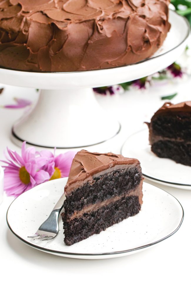 This amazing vegan chocolate cake is fudgy, super moist, chocolaty and is topped off with an easy whipped chocolate ganache frosting! Can be made gluten-free, whole wheat or with all-purpose flour.  Tastes just like a regular chocolate cake!