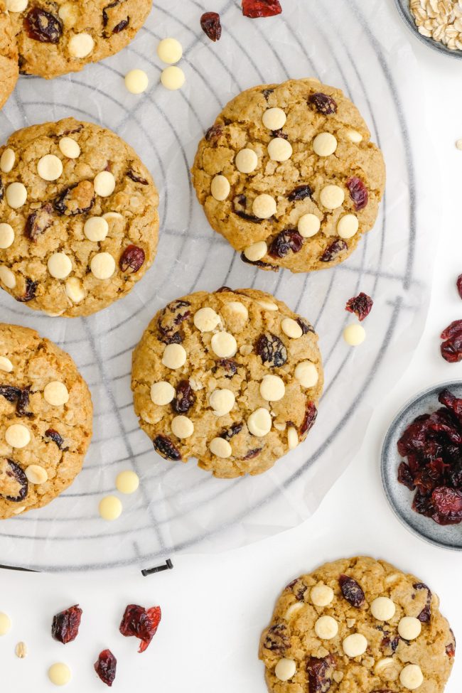 Delicious and easy white chocolate cranberry cookies that are soft and chewy and packed with white chocolate chips and dried cranberries. With vegan, gluten-free and whole wheat options.