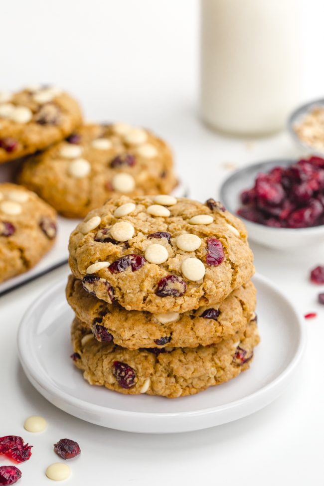 Easy white chocolate cranberry cookies that are soft and chewy and packed with white chocolate chips and dried cranberries. With vegan, gluten-free and whole wheat options.