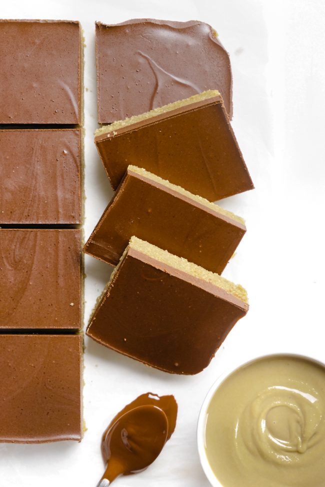 These amazingly delicious paleo peanut butter bars only use 5 ingredients, are no-bake, super easy to put together and are also vegan.