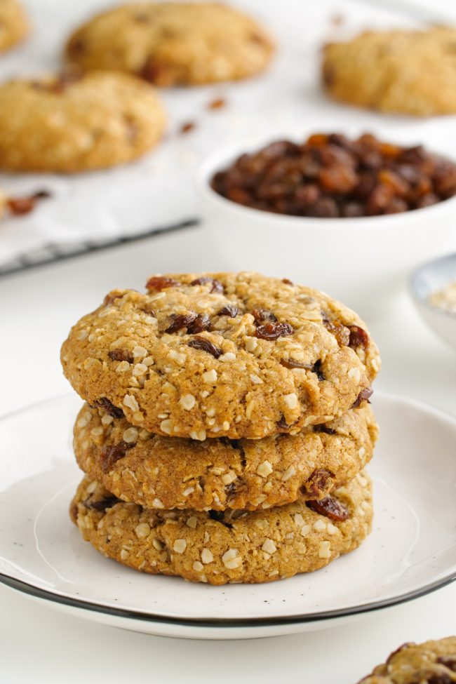 These vegan oatmeal cookies are crisp on the outside and chewy on the inside and taste just like traditional oatmeal raisin cookies! Can be made gluten-free, whole wheat or with all-purpose flours.