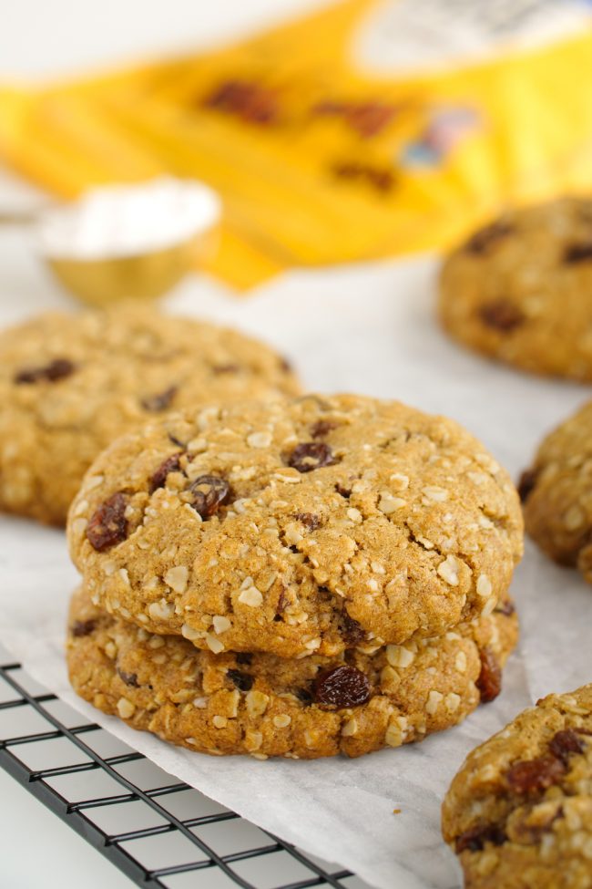 These vegan oatmeal cookies are crisp on the outside and chewy on the inside and taste just like traditional oatmeal raisin cookies! Can be made gluten-free, whole wheat or with all-purpose flours.