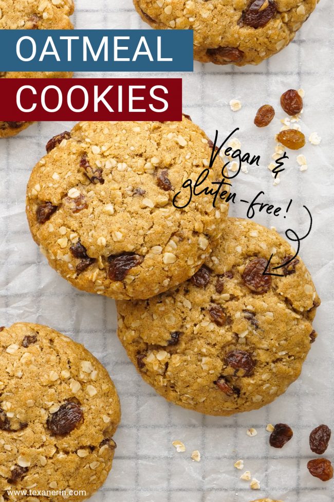 These vegan oatmeal cookies are crisp on the outside and chewy on the inside and taste just like traditional oatmeal raisin cookies! Can be made gluten-free, whole wheat or with all-purpose flours.