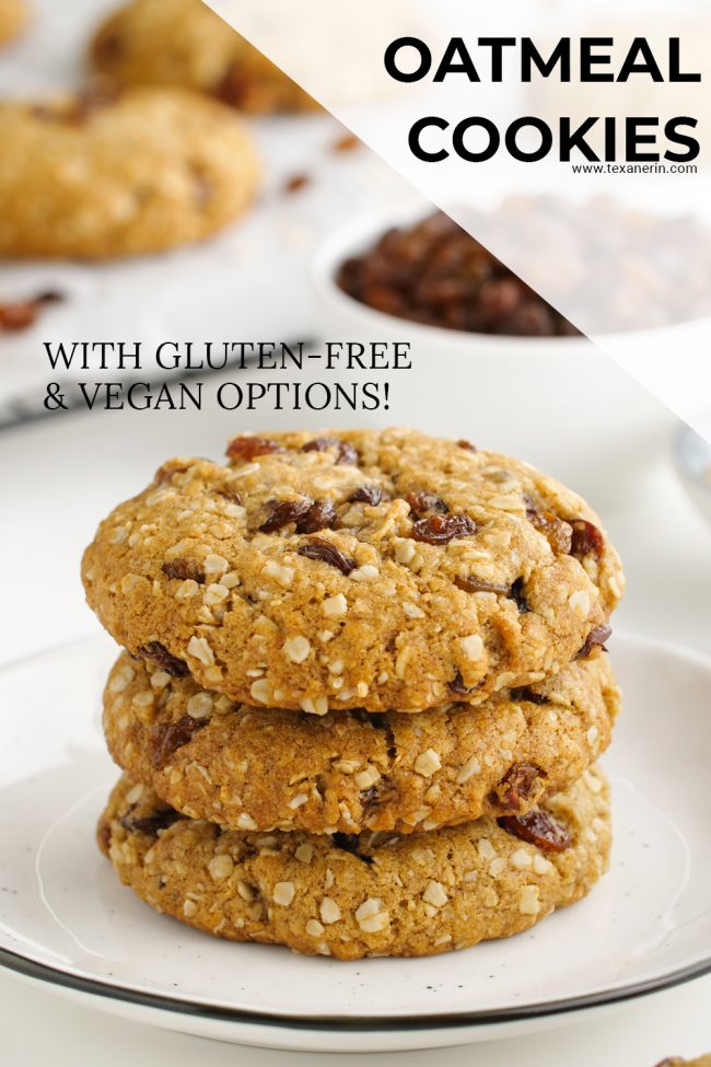 These vegan oatmeal cookies are crisp on the outside and chewy on the inside and taste just like traditional oatmeal raisin cookies! Can be made gluten-free, whole wheat or with all-purpose flours.