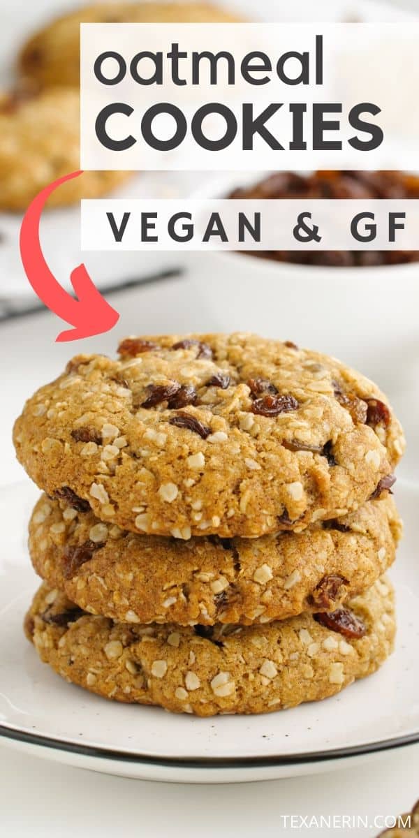 These vegan oatmeal cookies are crisp on the outside and chewy on the inside and taste just like traditional oatmeal raisin cookies! Can be made gluten-free, whole wheat or with all-purpose flours.