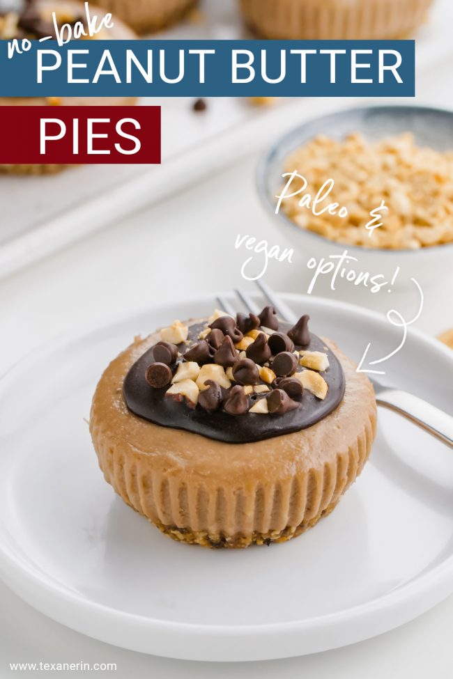 These delicious vegan no-bake peanut butter pies are made a little healthier with the help of bananas, coconut milk and maple syrup. With a paleo option.