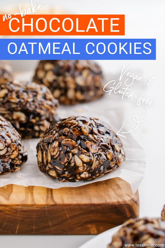 These no-bake chocolate oatmeal cookies are wonderfully chewy, easy to make and are vegan, gluten-free and can be made nut-free, too.