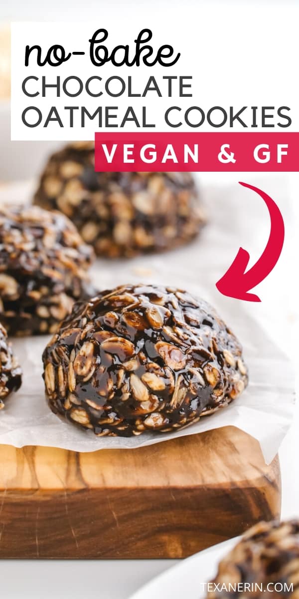 These no-bake chocolate oatmeal cookies are wonderfully chewy, easy to make and are vegan and gluten-free. With a nut-free option.