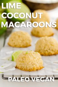pin graphic showing lime coconut macaroons on a parchment paper atop a baking rack
