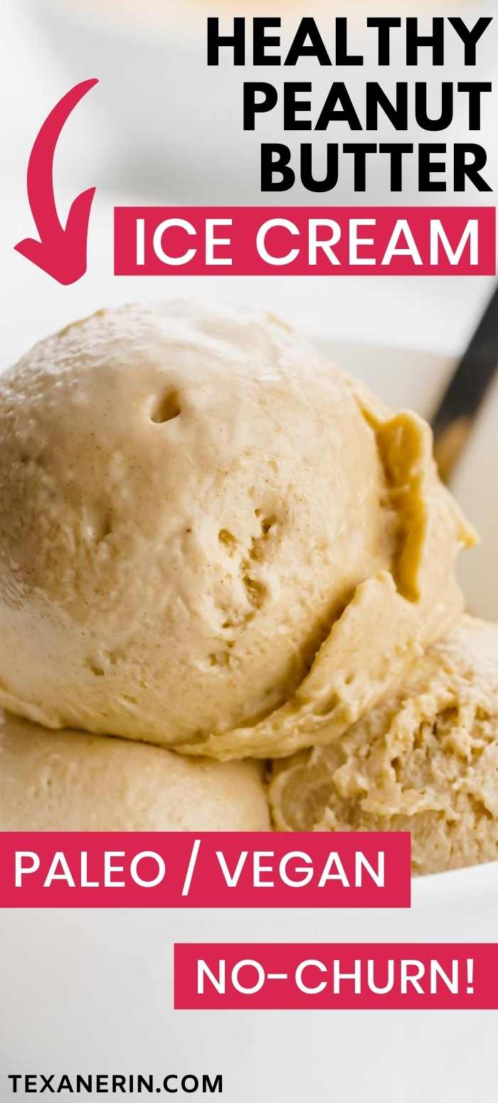 This healthy peanut butter ice cream does not taste at all healthy but is rich, dense and creamy. It's no-cook, no-churn and doesn't freeze rock hard! Can be made with sunflower seed butter for a paleo and nut-free version and it's also vegan.