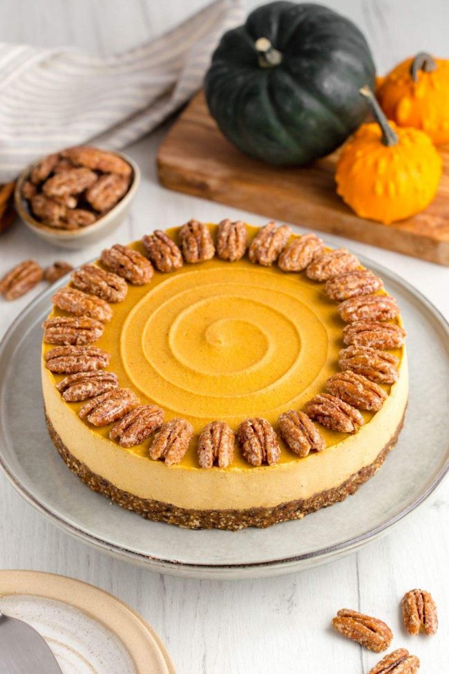 This vegan pumpkin cheesecake is also paleo, no-bake and amazingly creamy. It really tastes similar to a traditional pumpkin cheesecake! Grain-free, gluten-free, dairy-free.