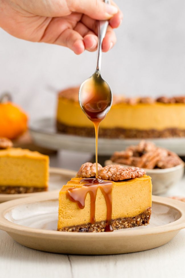 This vegan pumpkin cheesecake is also paleo, no-bake and amazingly creamy. It really tastes similar to a traditional pumpkin cheesecake!