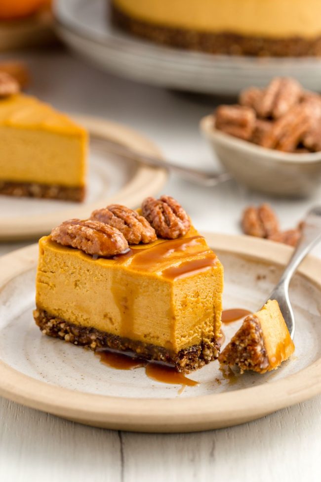 This vegan pumpkin cheesecake is also paleo, no-bake and amazingly creamy. It really tastes similar to a traditional pumpkin cheesecake! Gluten-free, grain-free and dairy-free.