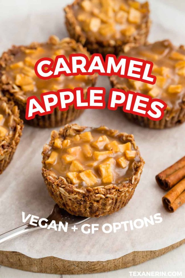 These mini apple pies have a delicious oatmeal cookie crust and are covered in caramel sauce. The perfect individual dessert for Thanksgiving! Gluten-free, vegan and dairy-free.