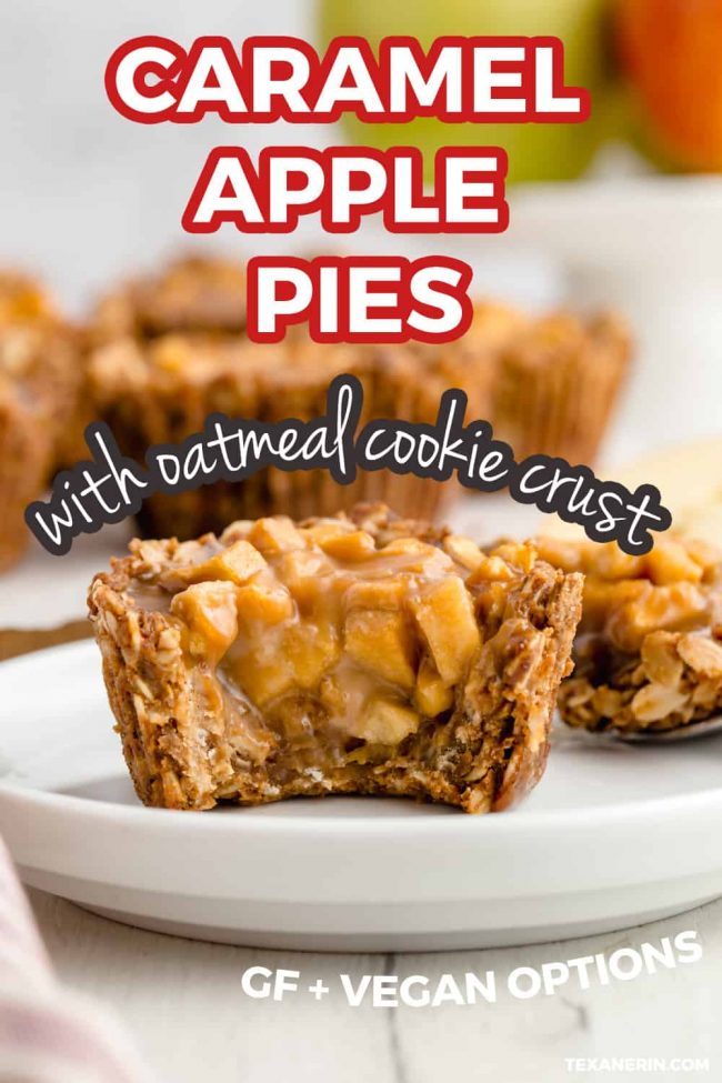 These mini apple pies have a delicious oatmeal cookie crust and are covered in caramel sauce. The perfect individual dessert for Thanksgiving! Gluten-free, vegan, dairy-free.