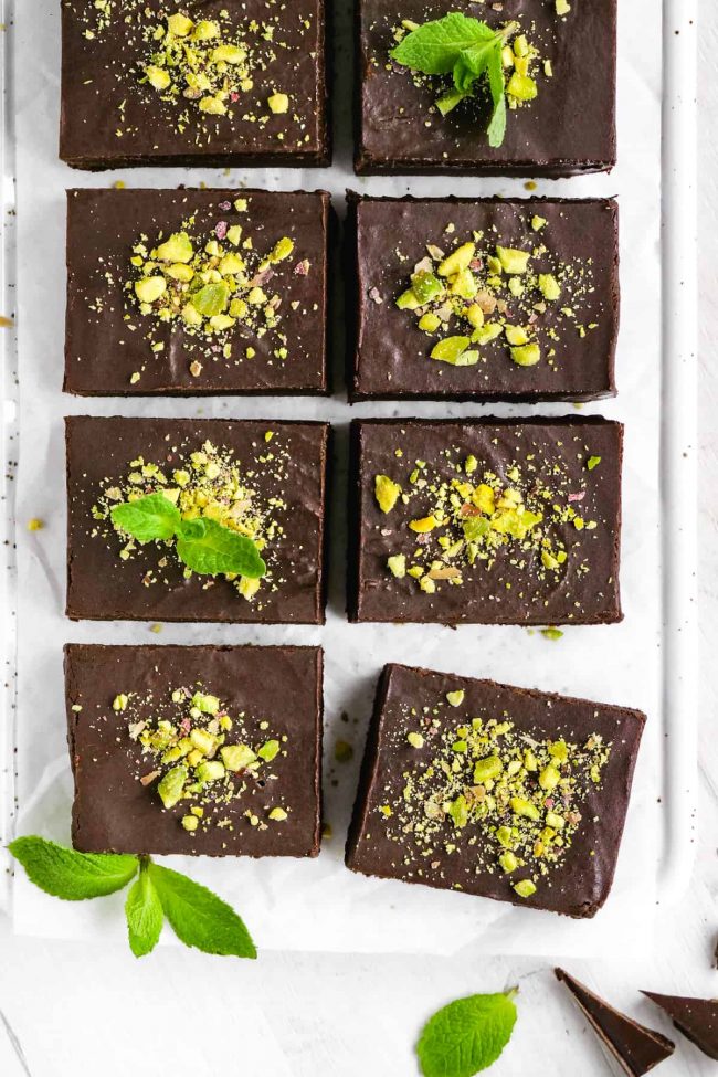 Mint chocolate fudge with mint leaves.