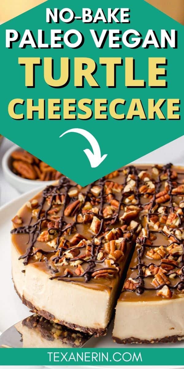 This paleo vegan turtle cheesecake is rich, creamy and won't leave you missing the dairy! It's also no-bake and perfect for Christmas.