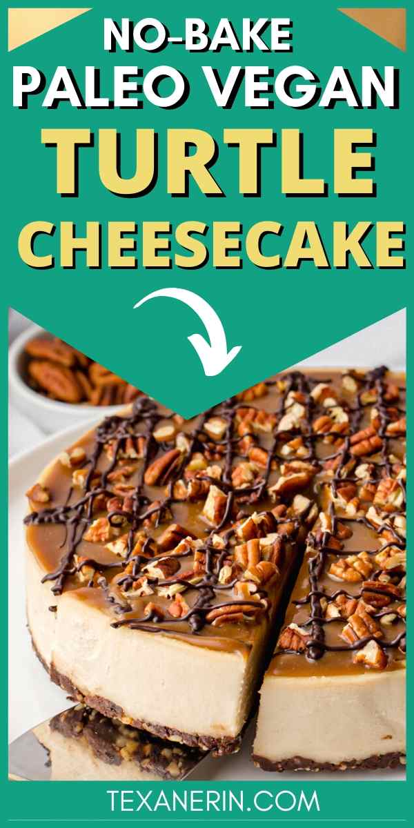 This paleo vegan turtle cheesecake is rich, creamy and won't leave you missing the dairy! It's also no-bake and perfect for Christmas.