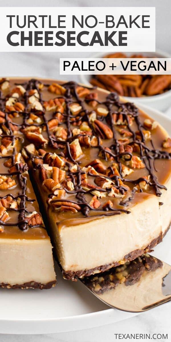 This paleo vegan turtle cheesecake is rich, creamy and won't leave you missing the dairy! It's also no-bake and perfect for Christmas.