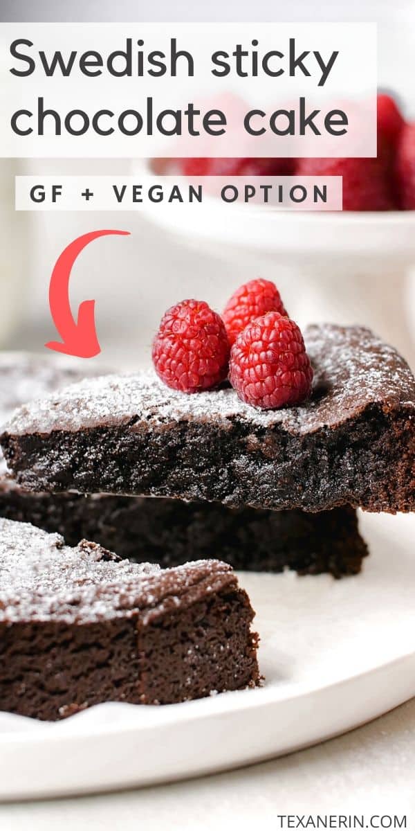 Kladdkaka, also known as Swedish chocolate sticky cake, is amazingly gooey, delicious and only calls for 8 ingredients. This recipe includes a traditional (and whole wheat) option as well as a gluten-free, dairy-free and vegan version.