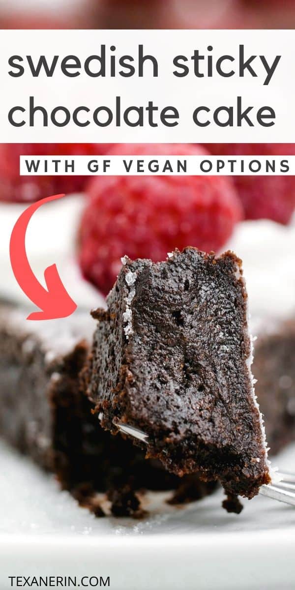 Kladdkaka, also known as Swedish chocolate sticky cake, is amazingly gooey, delicious and only calls for 8 ingredients. This recipe includes a traditional (and whole wheat) option as well as a gluten-free, dairy-free and vegan version.