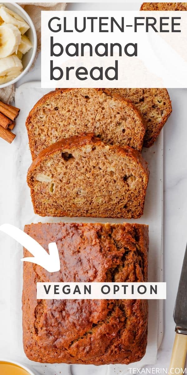 This gluten-free banana bread recipe yields a super moist, flavorful and not at all gummy loaf that is sure to please even gluten-eaters! It's also dairy-free with a vegan option.