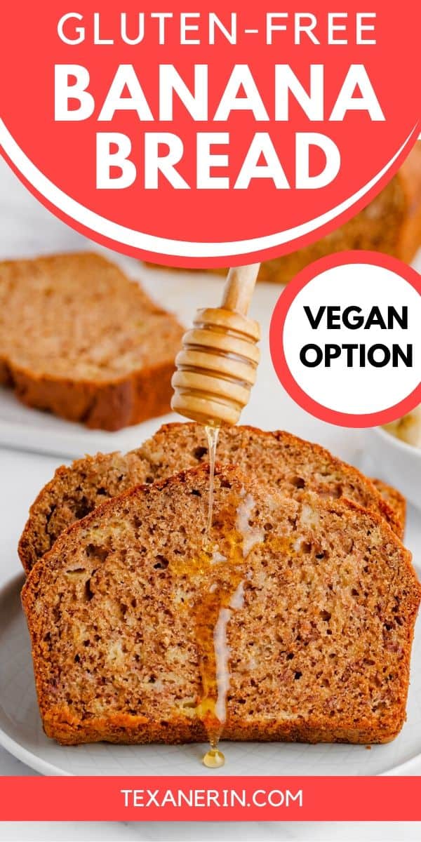 This gluten-free banana bread recipe yields a super moist, flavorful and not at all gummy loaf that is sure to please even gluten-eaters! It's also dairy-free with a vegan option.