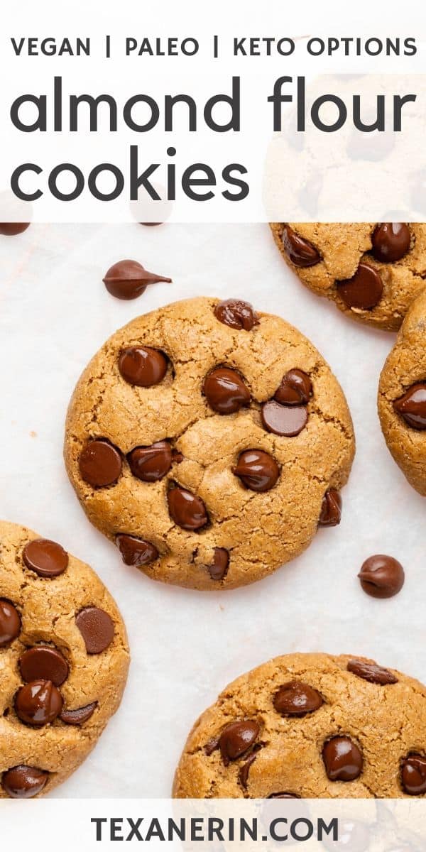 These almond flour chocolate chip cookies have a great chewy texture, crisp edges and are paleo with vegan and keto options.