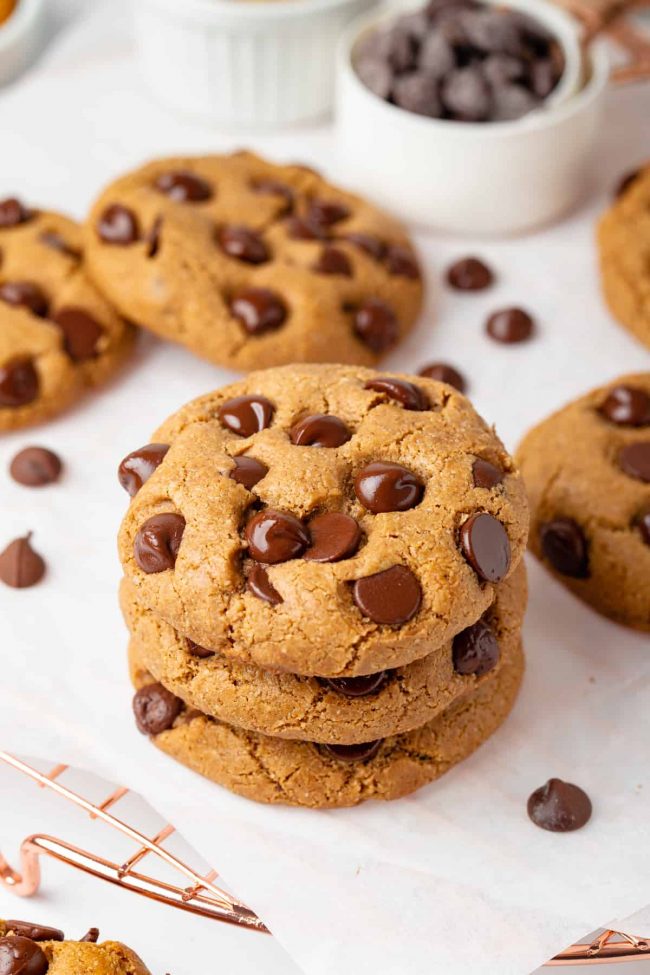 These almond flour chocolate chip cookies have a great chewy texture, crisp edges and are paleo with vegan and keto options.