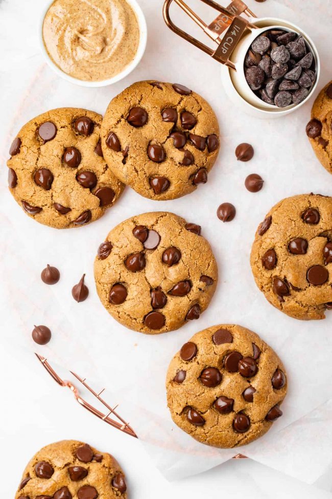 These almond flour chocolate chip cookies have a great chewy texture, crisp edges and are paleo with vegan and keto options.