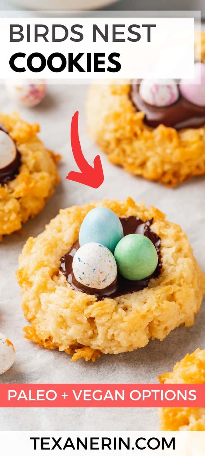These birds nest cookies are super easy to make and just require 7 ingredients! They can easily be made paleo or vegan. This Easter cookie recipe is also an easy one for kids to help with and uses pantry ingredients.