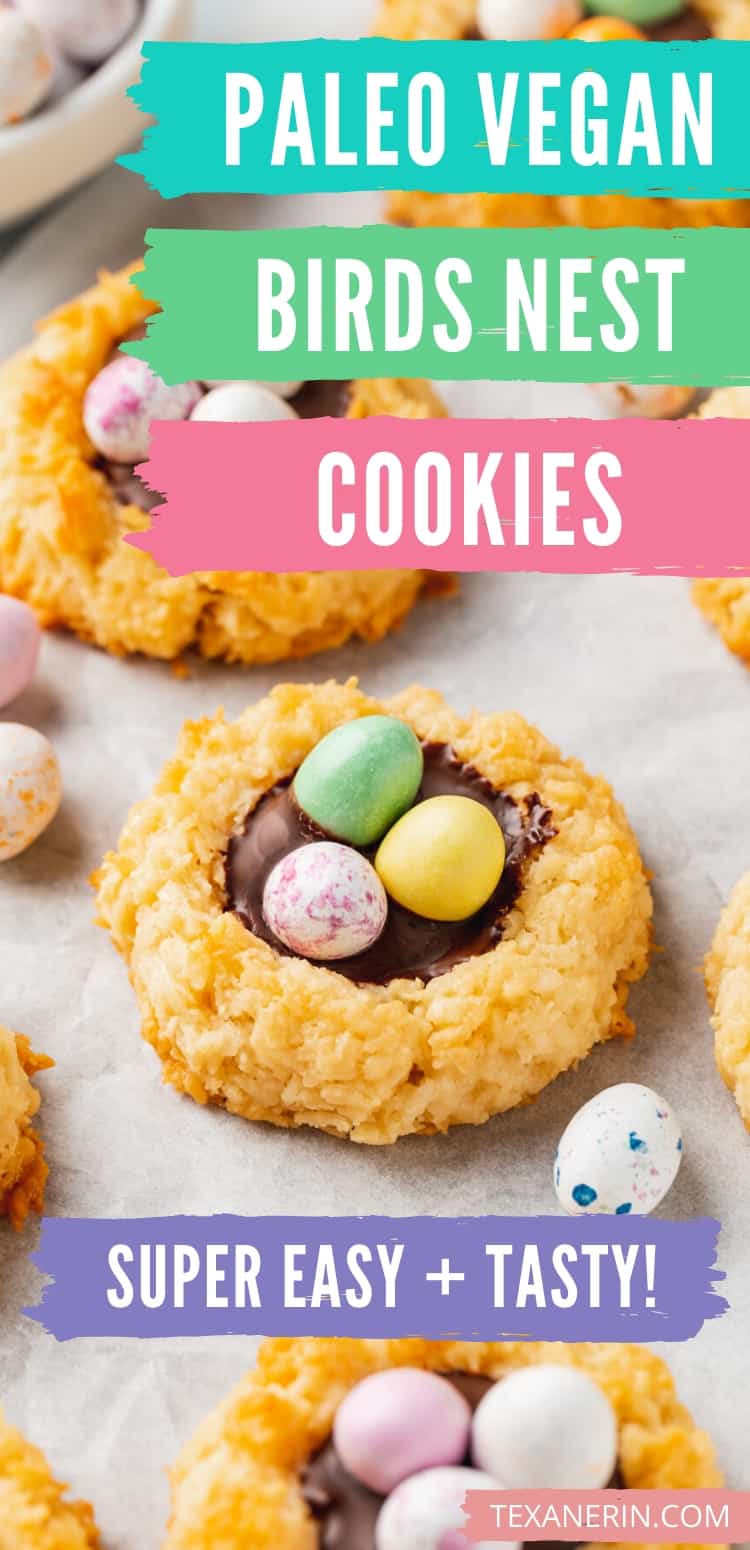 These birds nest cookies are super easy to make and just require 7 ingredients! They can easily be made paleo or vegan. This Easter cookie recipe is also an easy one for kids to help with and uses pantry ingredients.