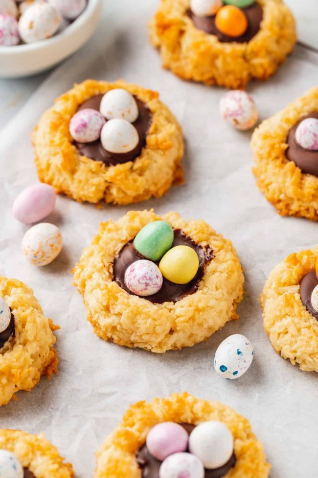 These birds nest cookies are super easy to make and just require 7 ingredients! They can easily be made paleo or vegan. This Easter cookie recipe is also an easy one for kids to help with and uses pantry ingredients.