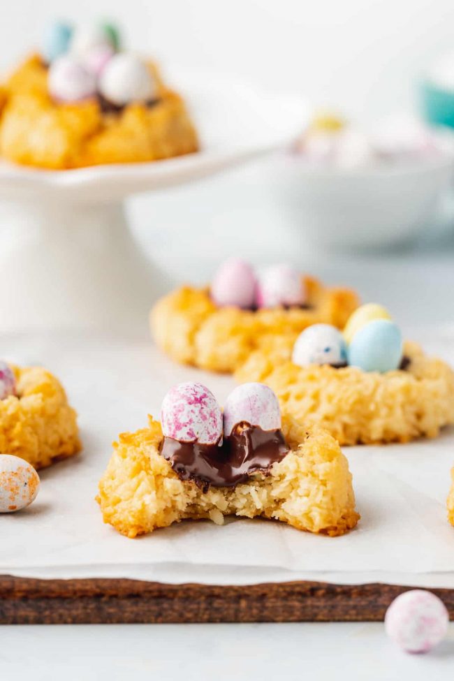 These birds nest cookies are super easy to make and just require 7 ingredients! They can easily be made paleo or vegan. This Easter cookie recipe is also an easy one for kids to help with and uses pantry ingredients.